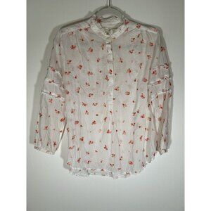 Trovata Birds of Paradis white orange floral embroidered blouse S cottagecore